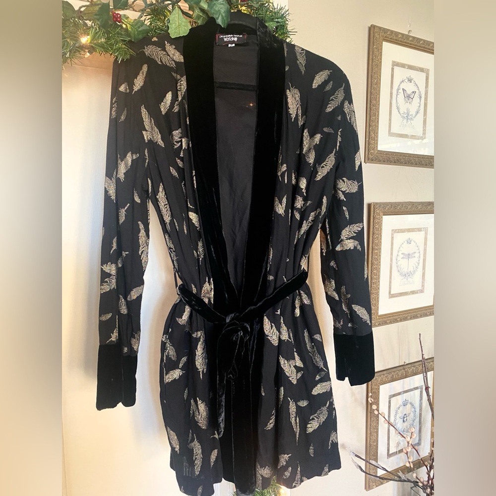 Johnny Was 🪶 Gold & Black Feathered Kimono w/ Silk Velvet trim